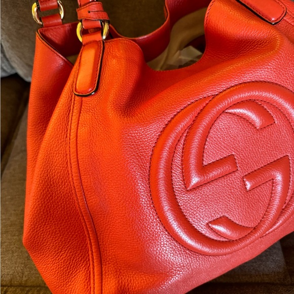 Excellent Conditions Authentic GUCCI Red/ Orange Leather Soho Tote Hand Bag - Picture 6 of 16